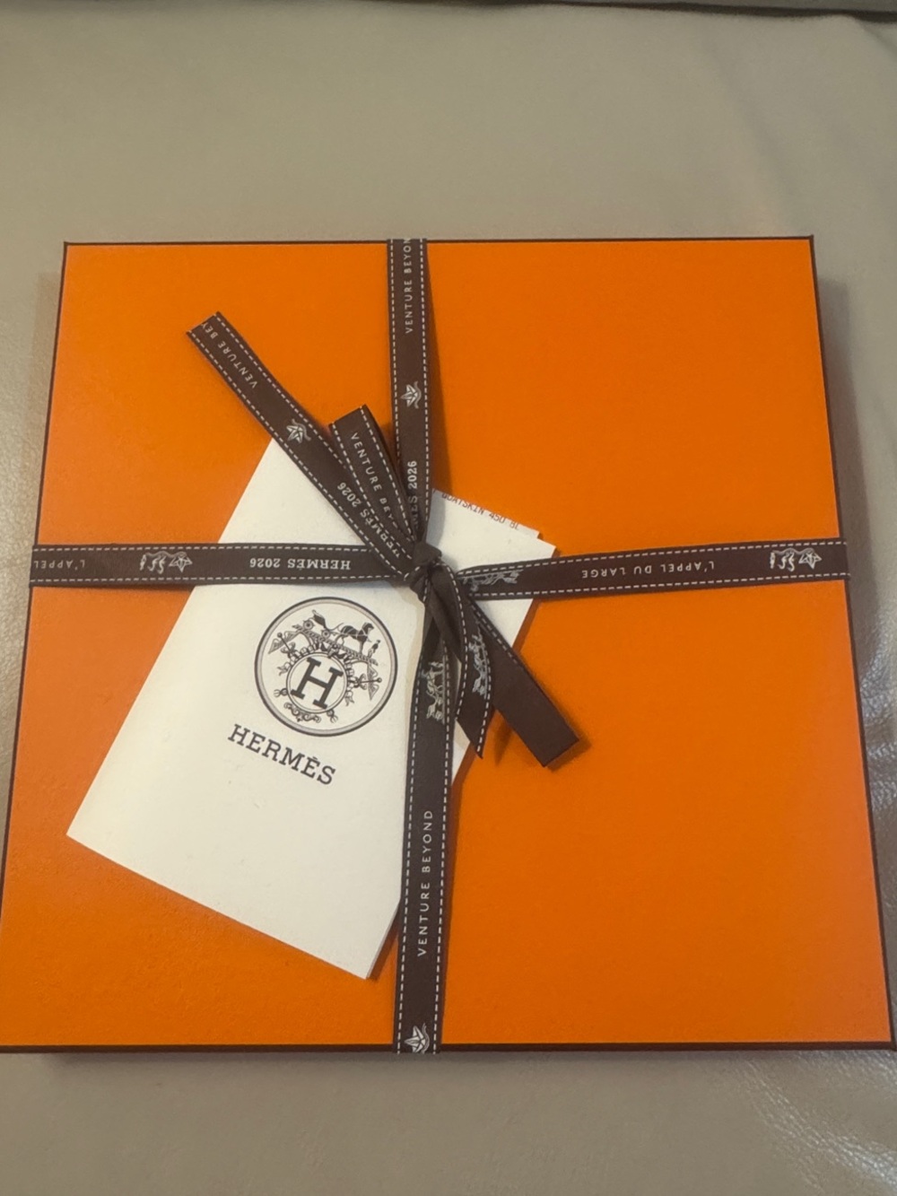 Hermes Orange Gift Box with Brown Ribbon and White Tag